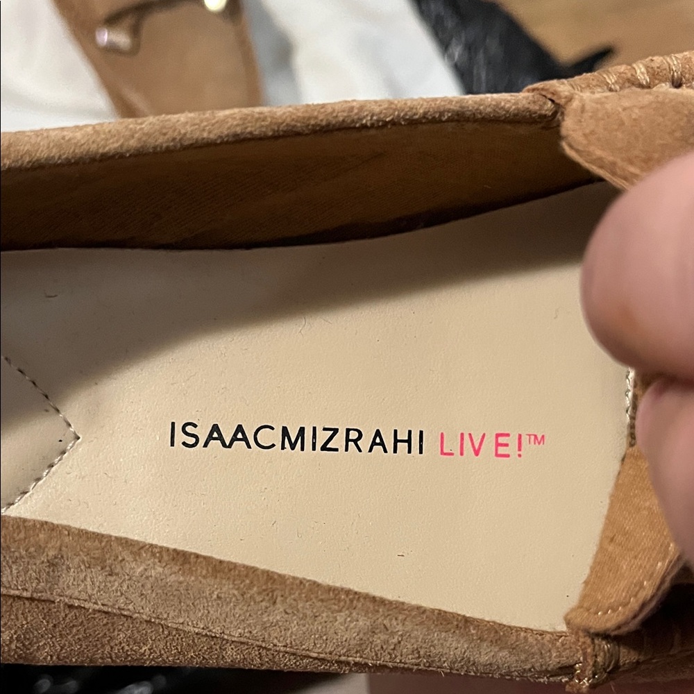 Isaac Mizrahi Tan Suede Loafers with Gold Bow Accent - Picture 2 of 9